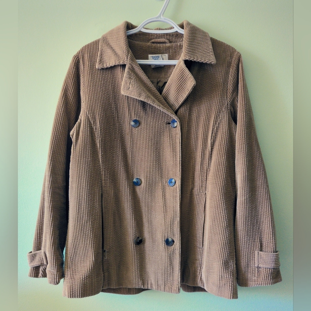 Vintage LL Bean Tan Cotton Corduroy Double Breasted Coat Jacket Small